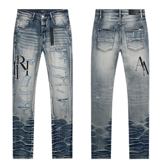 Light Blue Washed Denim Jeans with AMIRI Logo and Crocodile Print Details